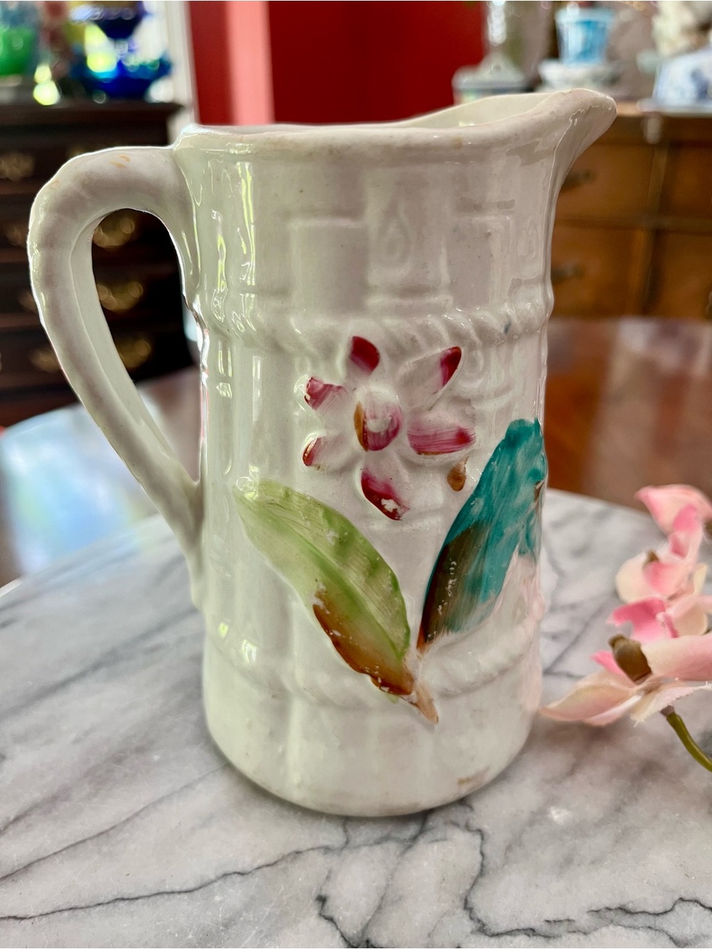 VTG Majolica Style Pitcher Unmarked w White Basketweave Country Cottage Vase